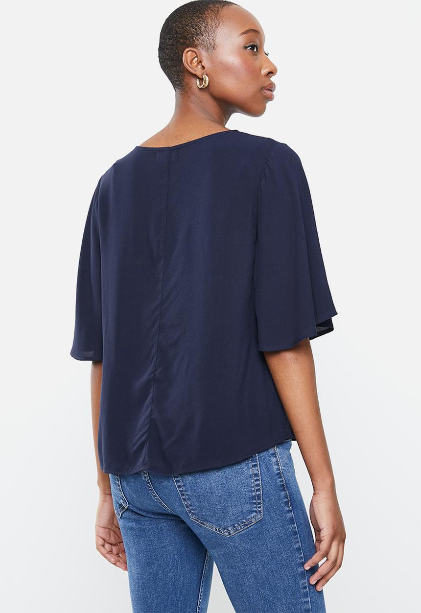 edit - Wide sleeve front keyhole blouse - navy