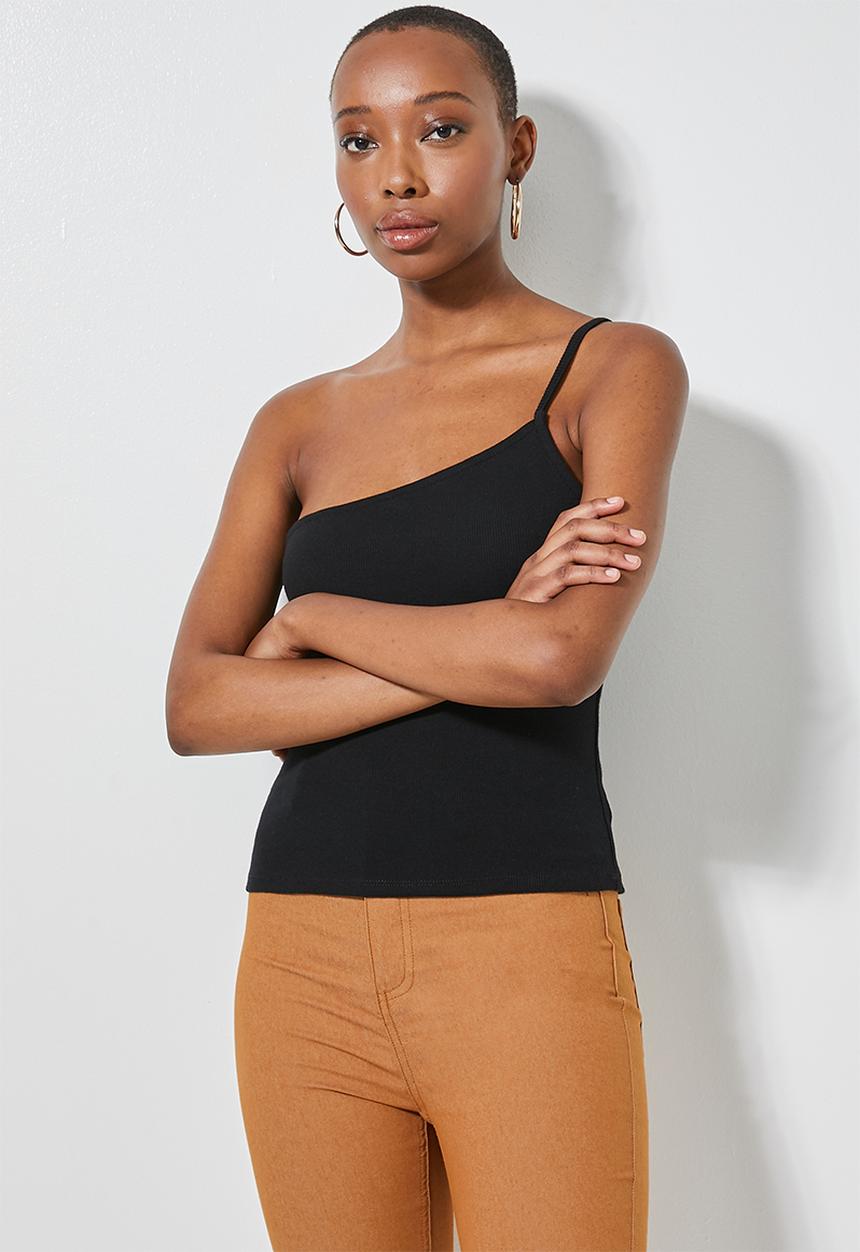 Superbalist - Rib thin strappy one shoulder top - black