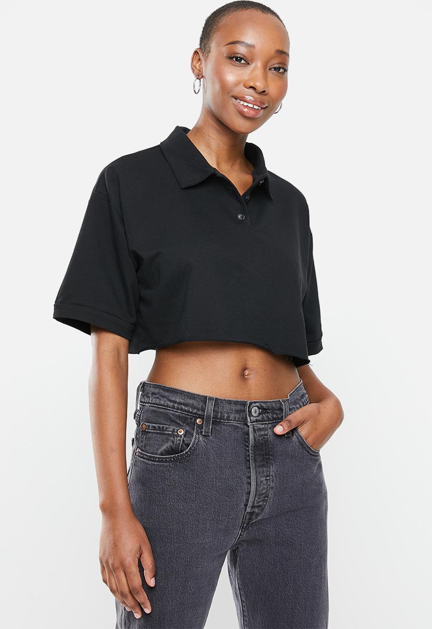 Factorie - Short sleeve crop polo top - black