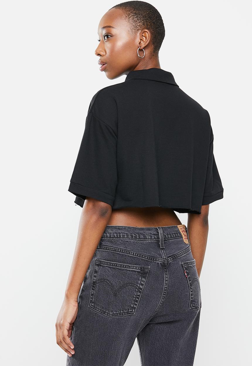 Factorie - Short sleeve crop polo top - black