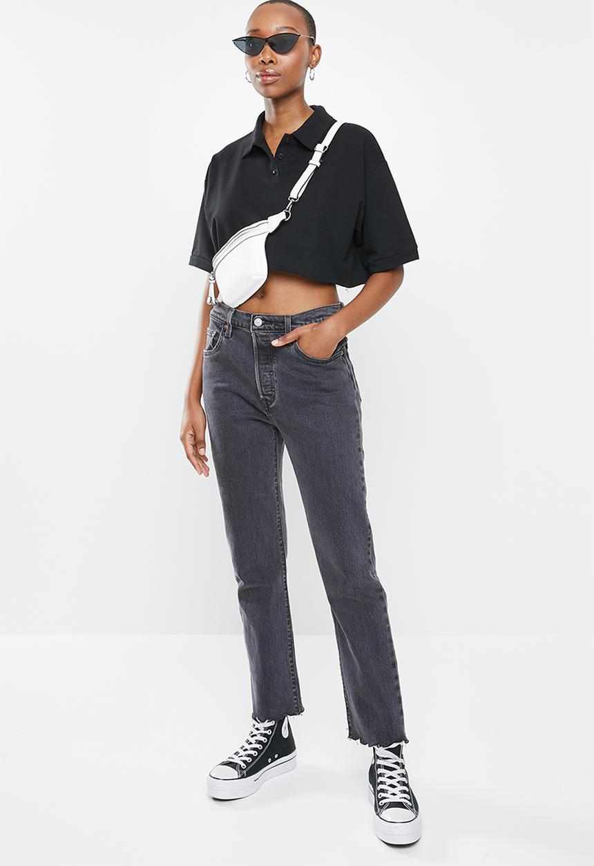 Factorie - Short sleeve crop polo top - black