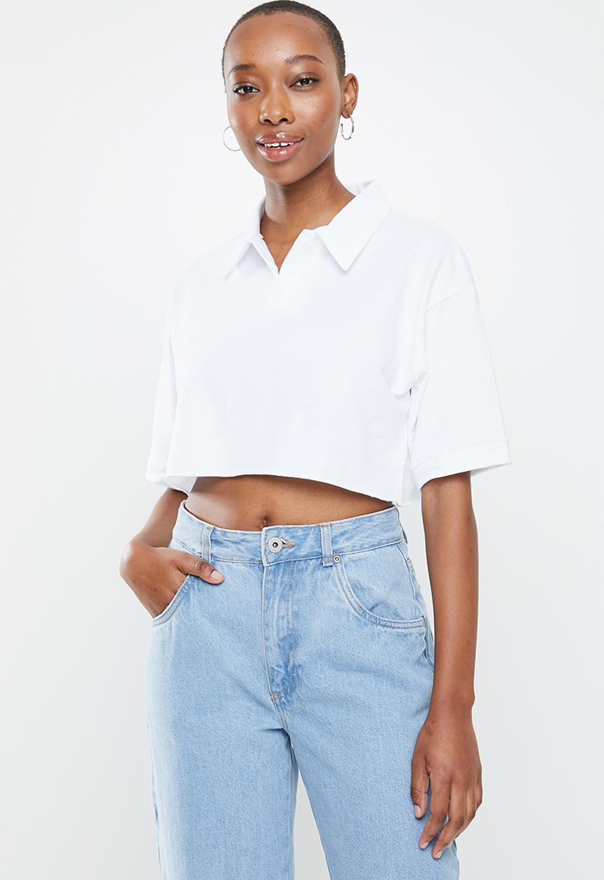 Factorie - Short sleeve crop polo top - white