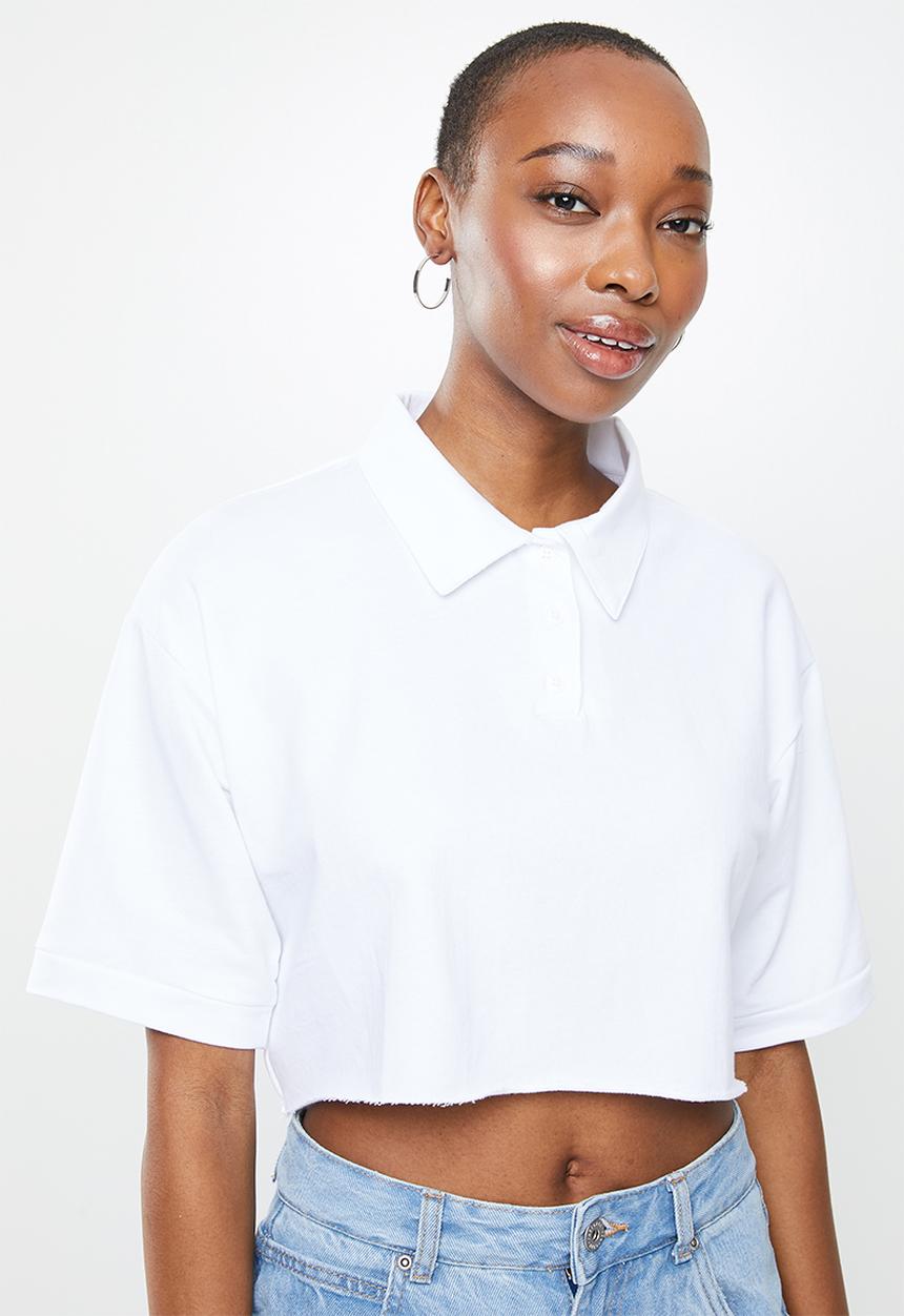Factorie - Short sleeve crop polo top - white