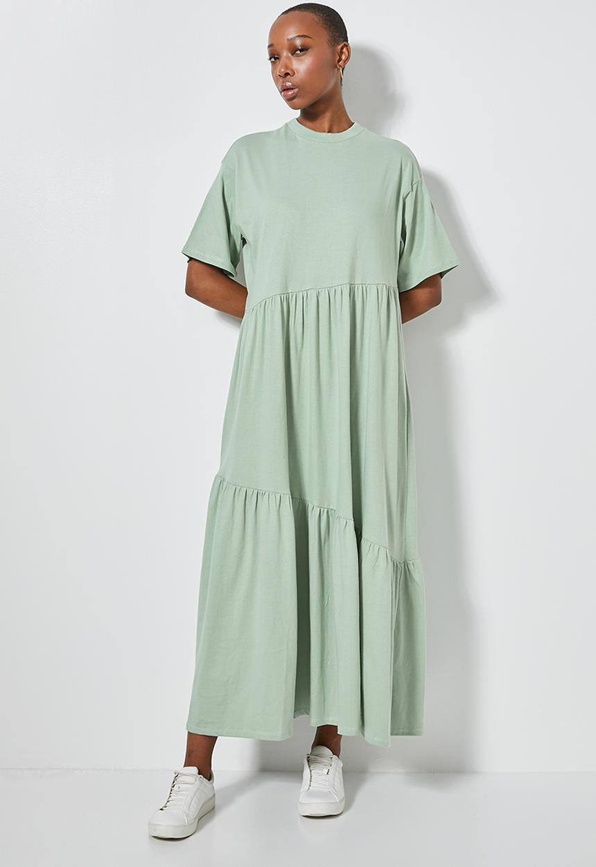 Superbalist - Asymmetrical cutline tiered knit dress - sage