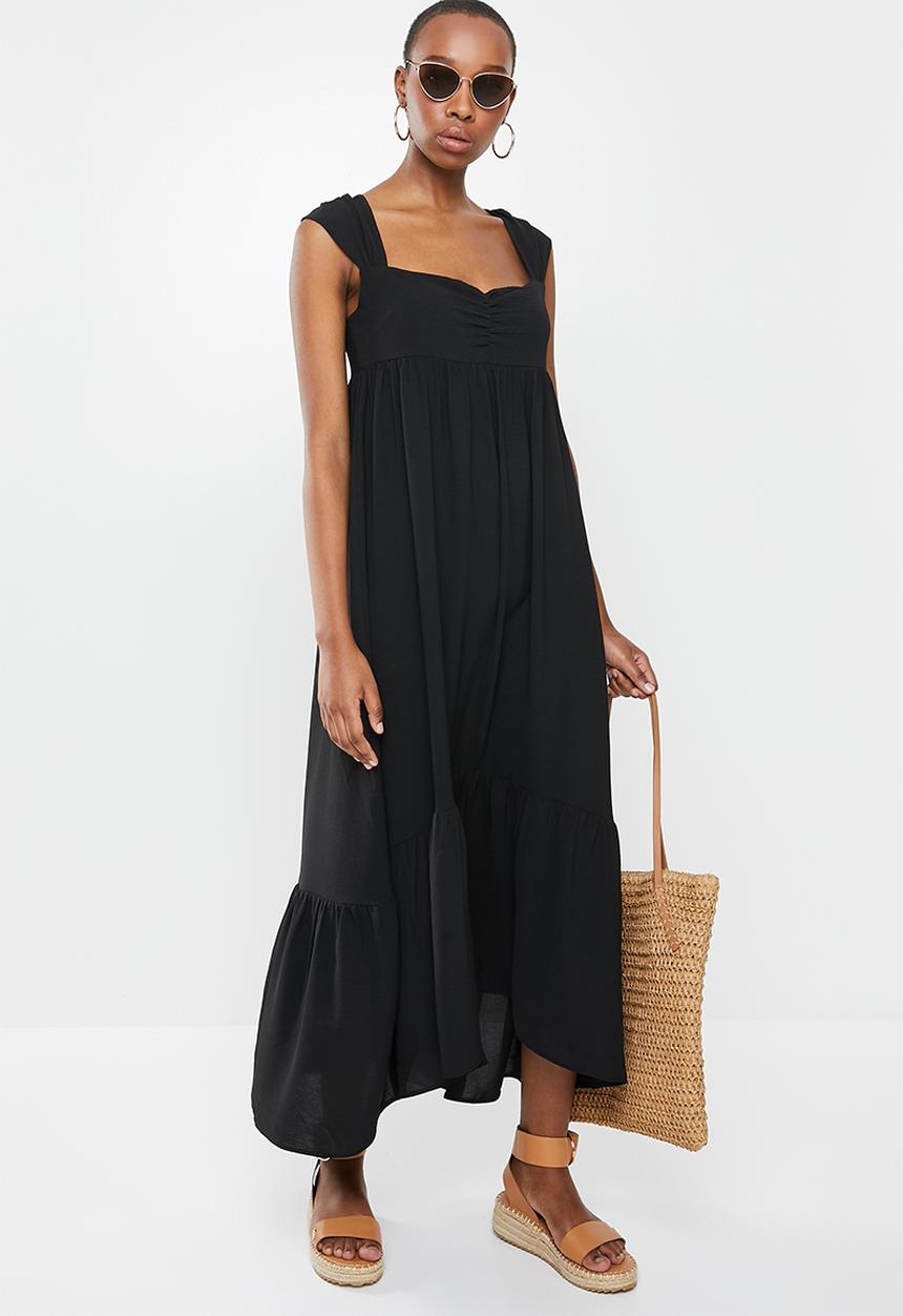 VELVET - Relaxed square neck tiered maxi dress - black
