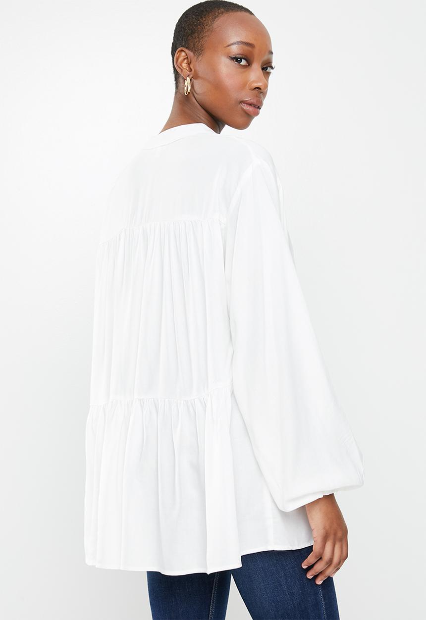 edit - Mandarin collar longline blouse - milk