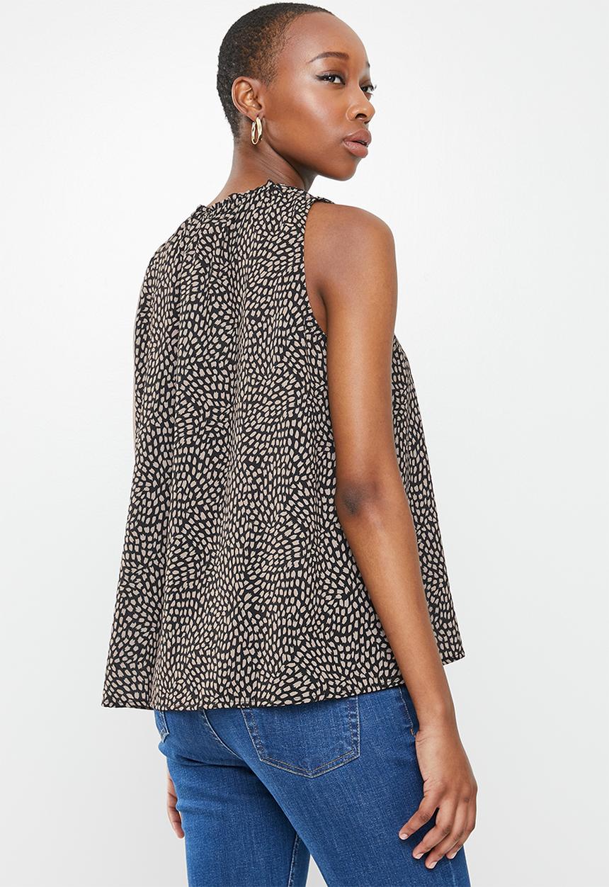 edit - Mandarin tie sleeveless shell - black  & brown 
