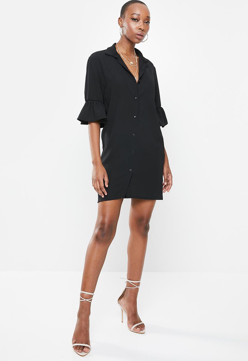 Missguided - Frill cuff shirt dress short sleeve - black