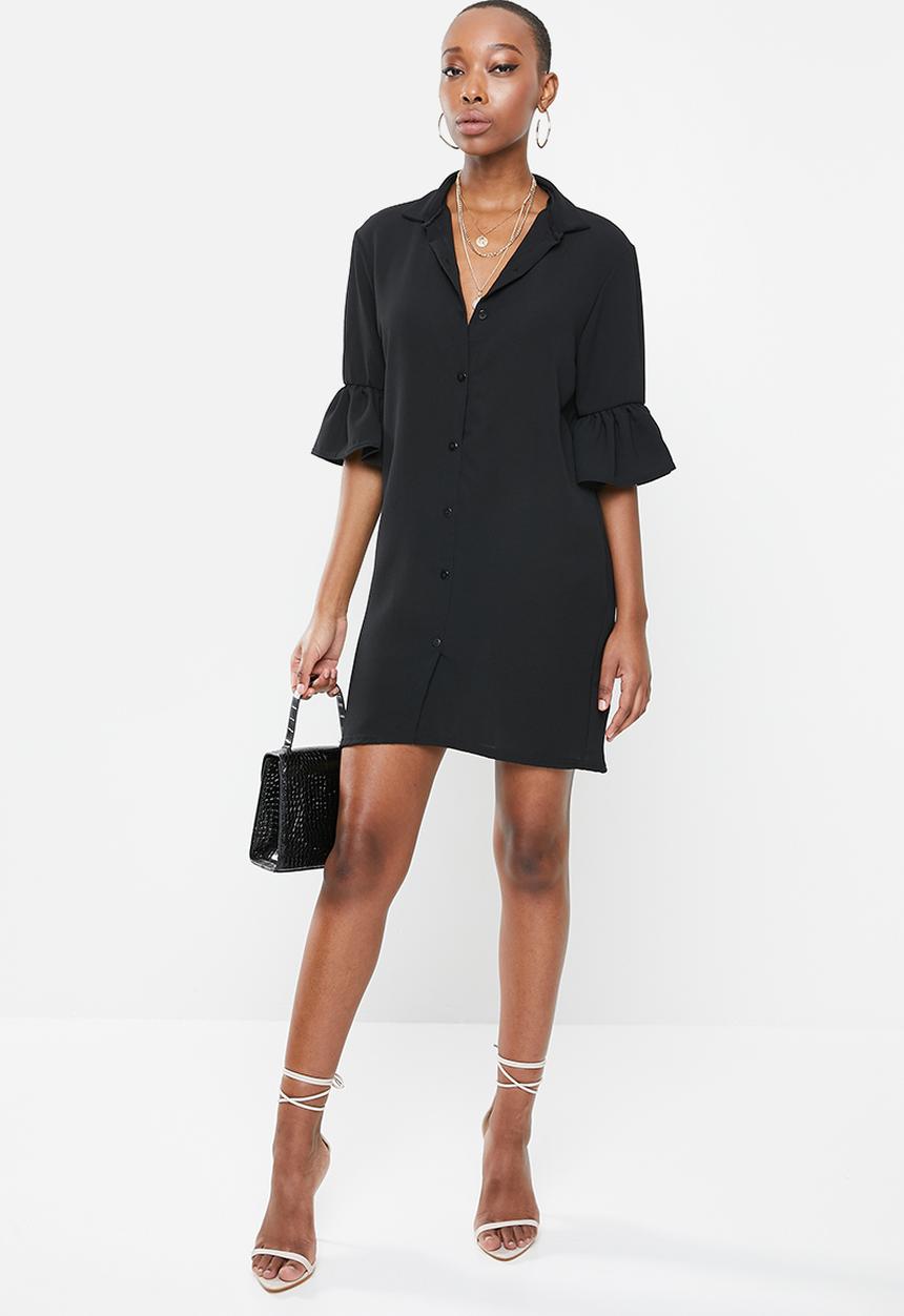 Missguided - Frill cuff shirt dress short sleeve - black