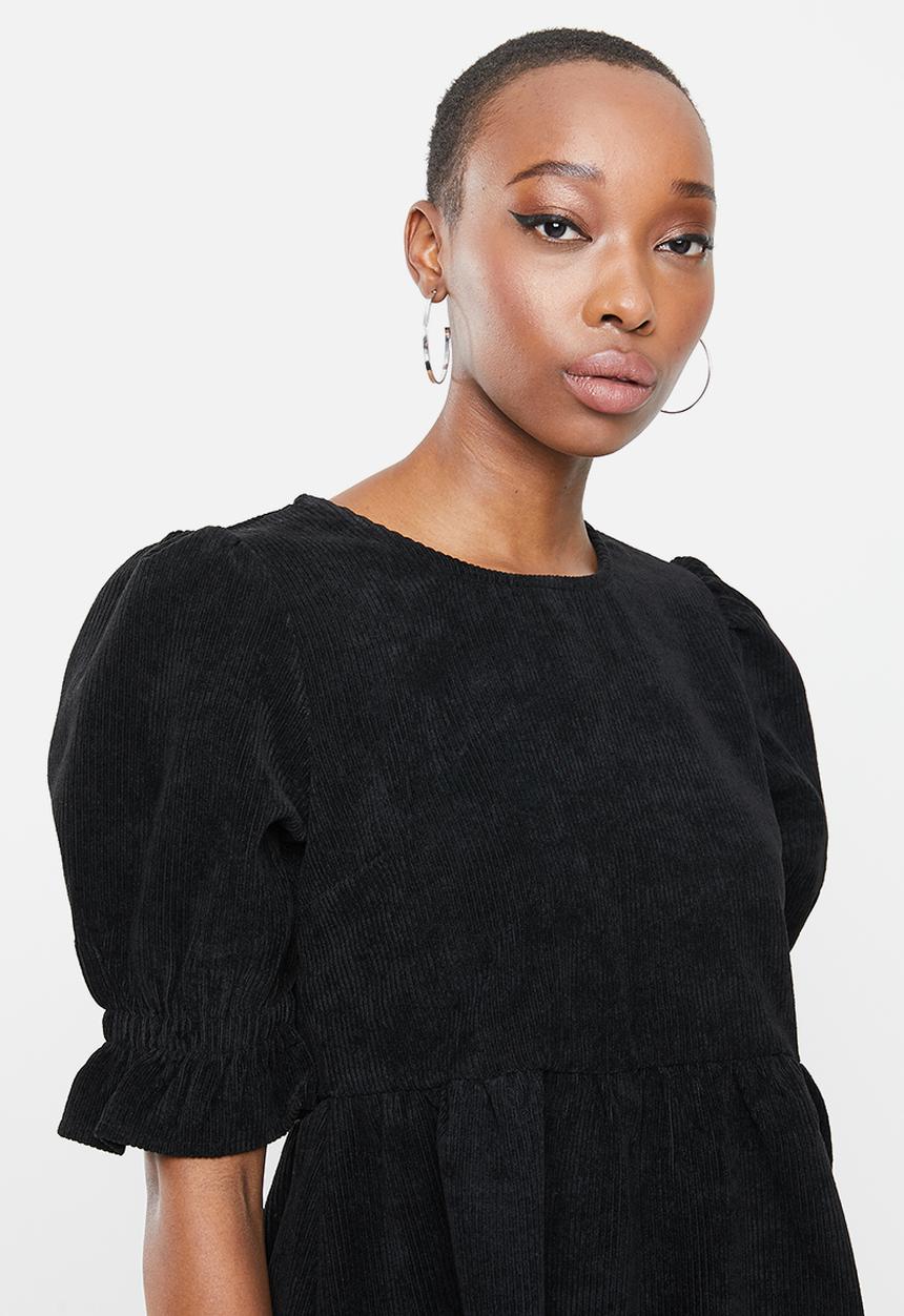 Missguided - Oversized cord smock dress frill sleeve - black