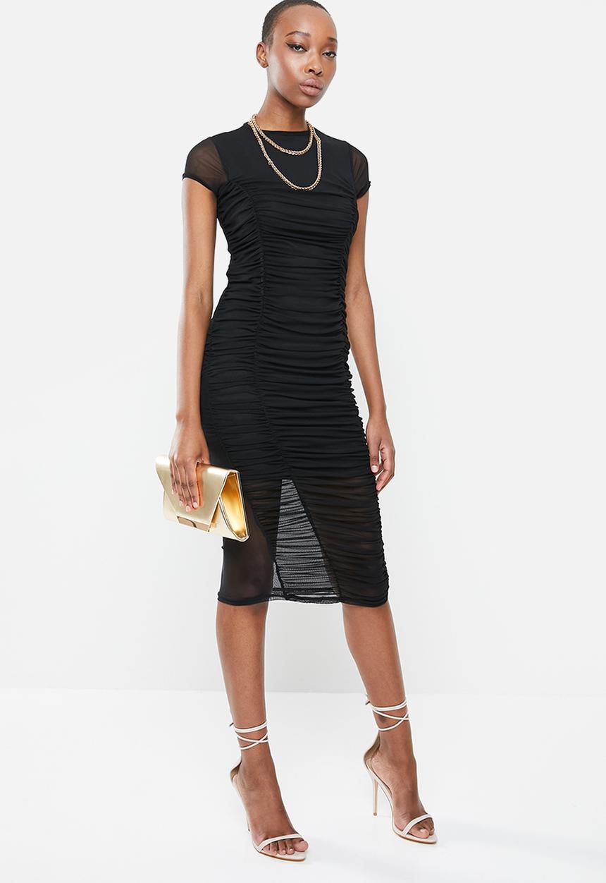 Missguided - Mesh ruched short sleeve midaxi dress - black