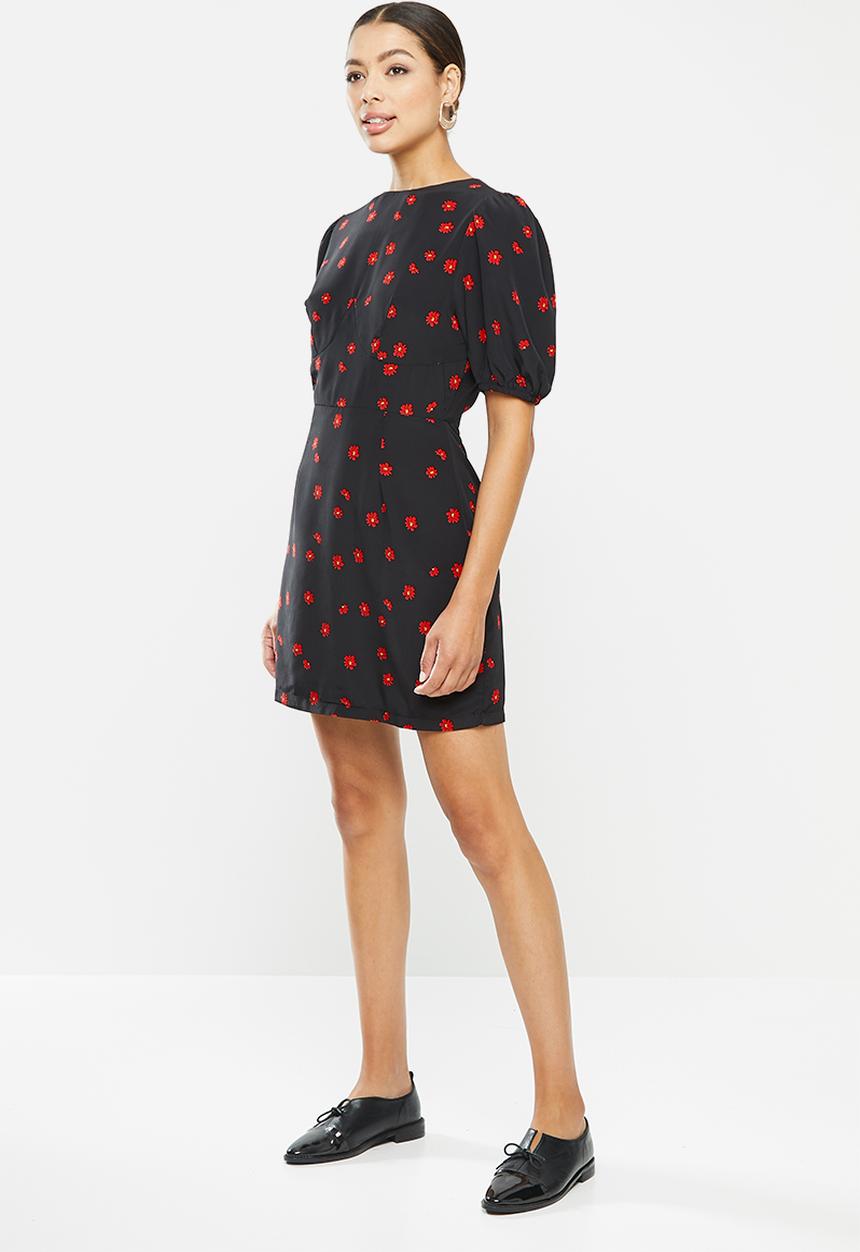 Glamorous - Puff sleeve mini dress - black & red 