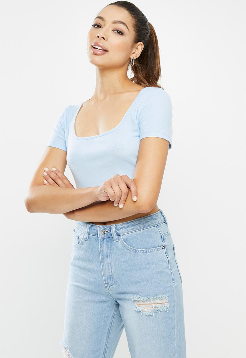 Blake - Ribbed square neck crop top - blue