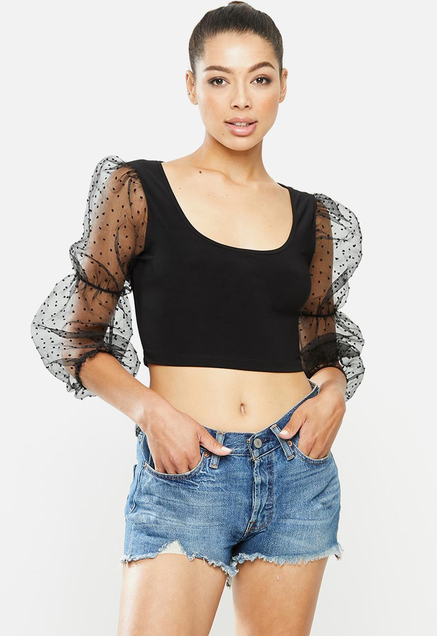 Blake - Combo long sleeve crop top with puff sleeve - black