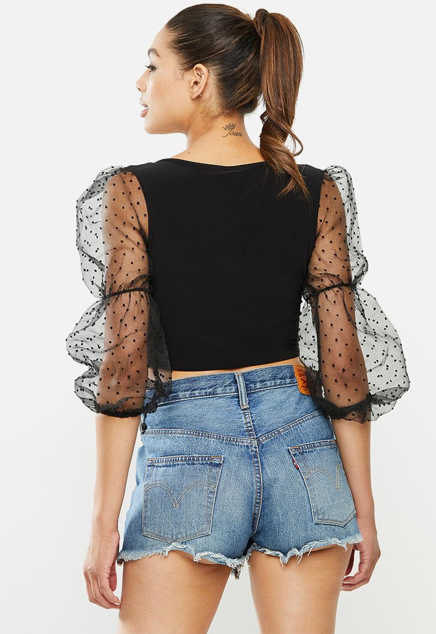 Blake - Combo long sleeve crop top with puff sleeve - black