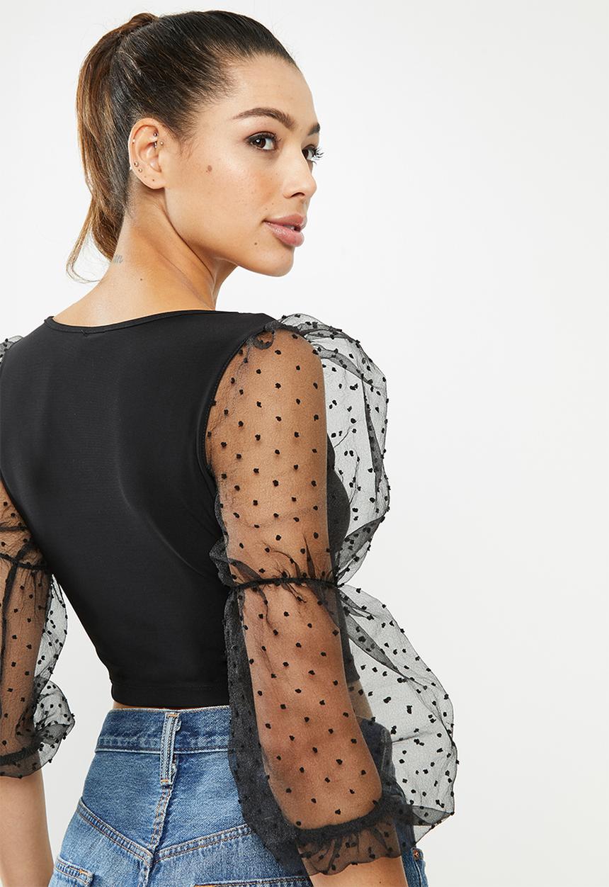 Blake - Combo long sleeve crop top with puff sleeve - black