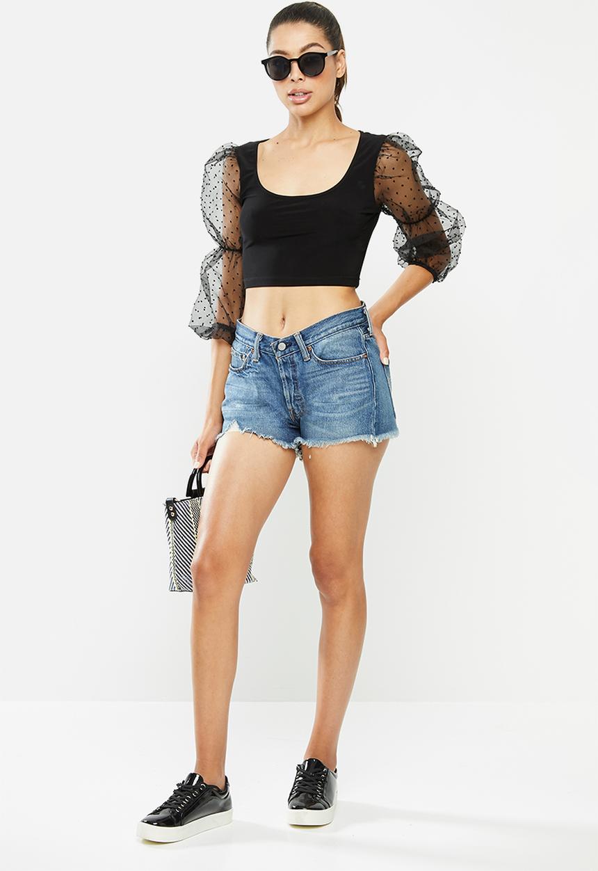 Blake - Combo long sleeve crop top with puff sleeve - black