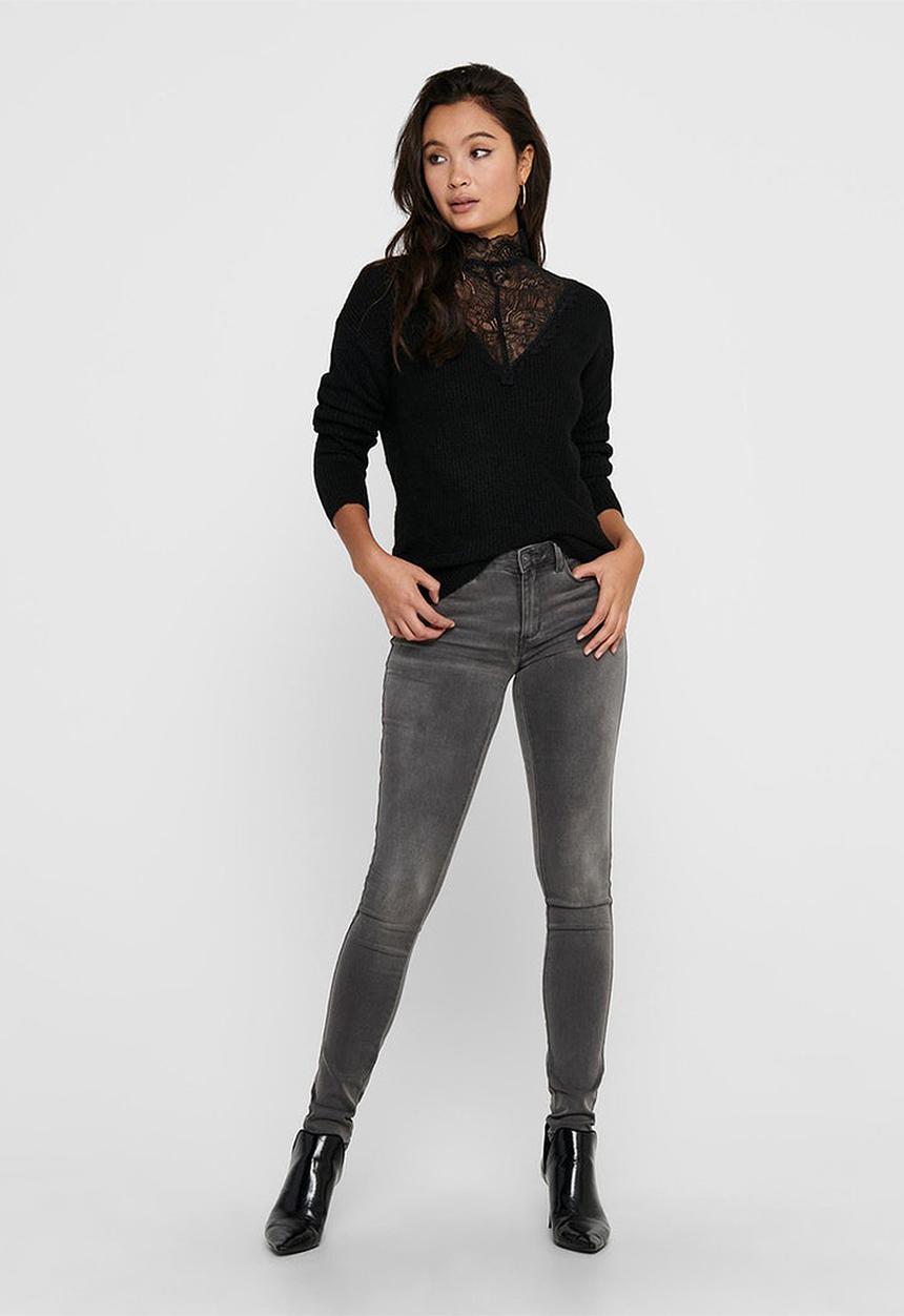Jacqueline de Yong - Gammy long sleeve lace highneck pullover knit - black