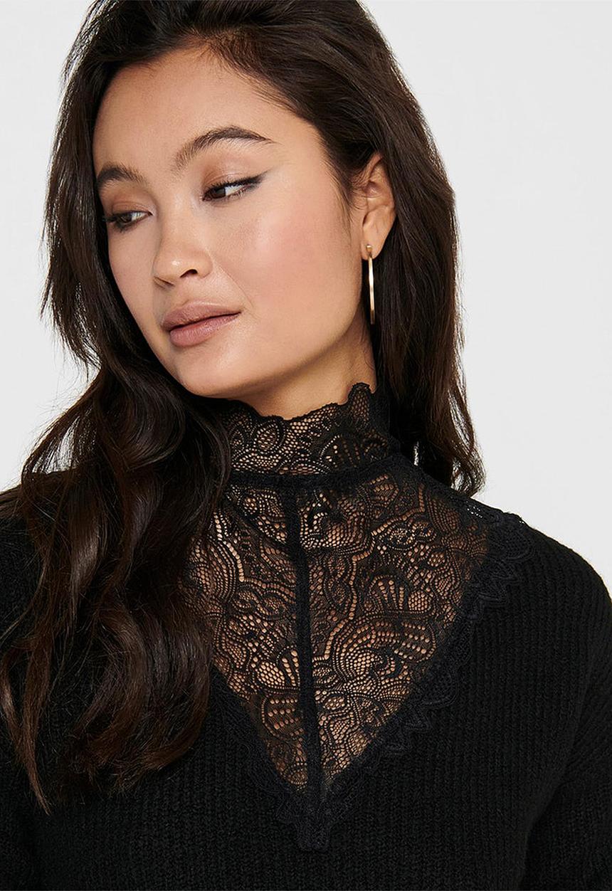 Jacqueline de Yong - Gammy long sleeve lace highneck pullover knit - black