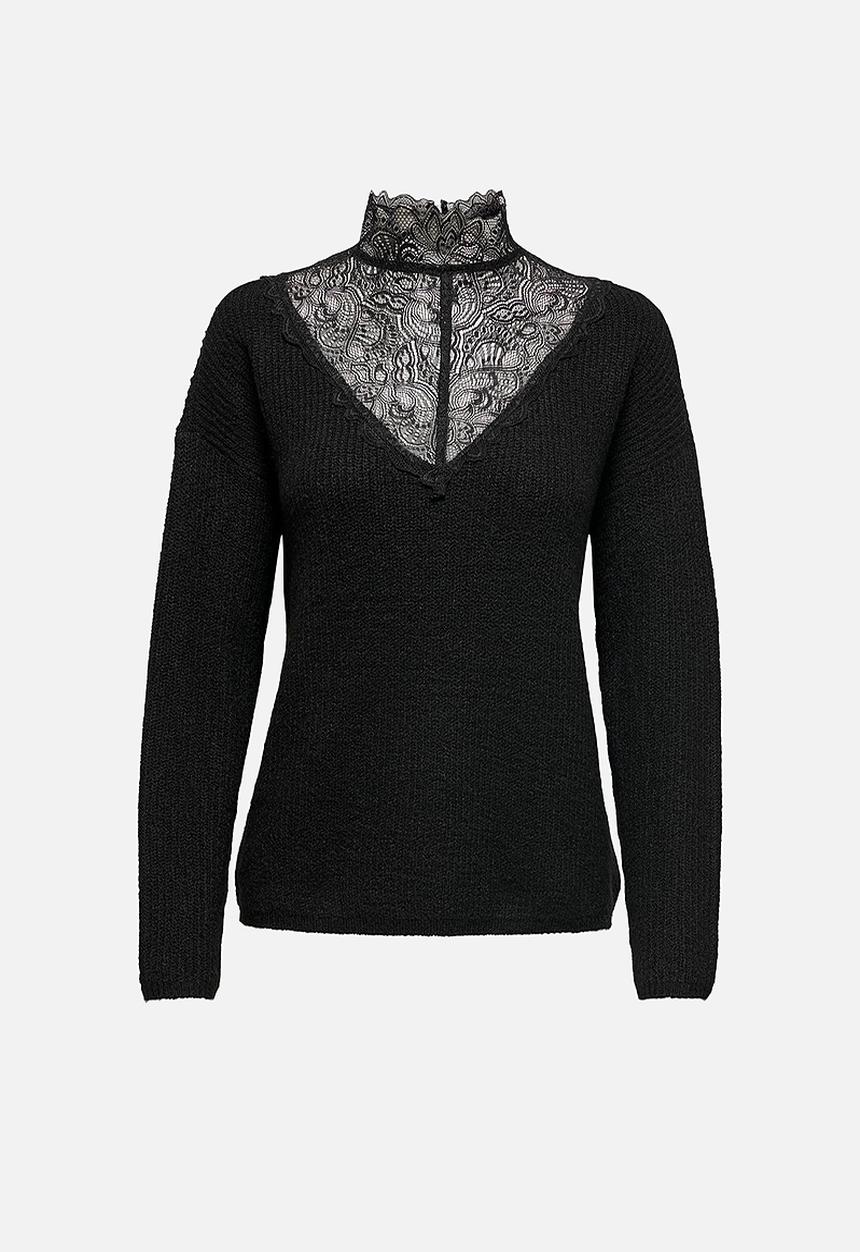 Jacqueline de Yong - Gammy long sleeve lace highneck pullover knit - black