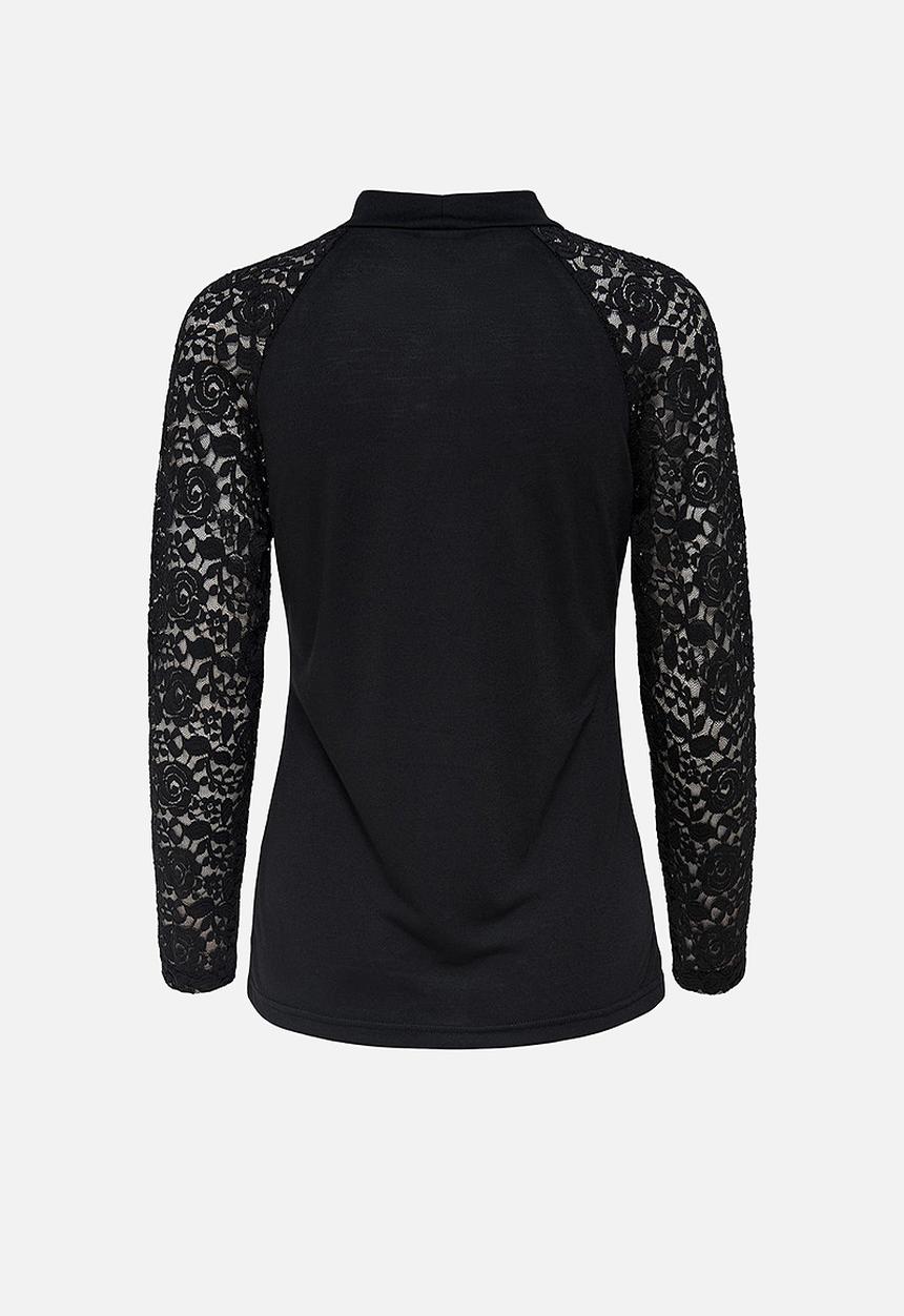 Jacqueline de Yong - Kim long sleeve highneck lace top - black