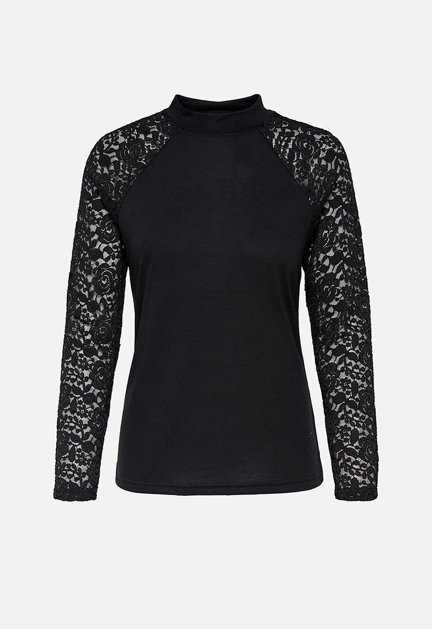 Jacqueline de Yong - Kim long sleeve highneck lace top - black