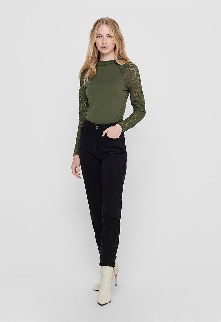 Jacqueline de Yong - Kim long sleeve highneck lace top - kalamata