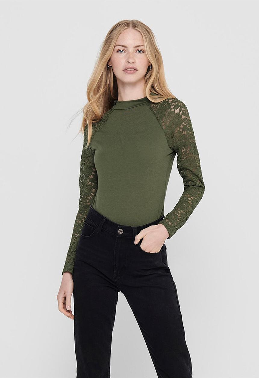 Jacqueline de Yong - Kim long sleeve highneck lace top - kalamata