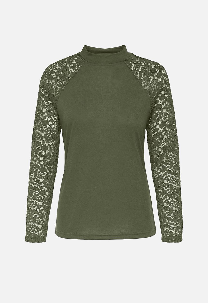 Jacqueline de Yong - Kim long sleeve highneck lace top - kalamata