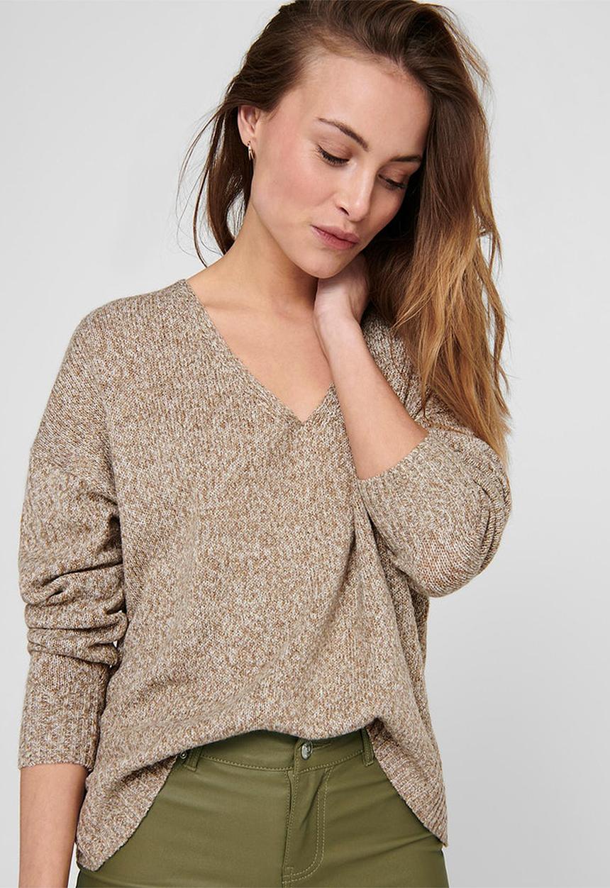 Jacqueline de Yong - Gitta life long sleeve v-neck pullover knit - lead gray melange