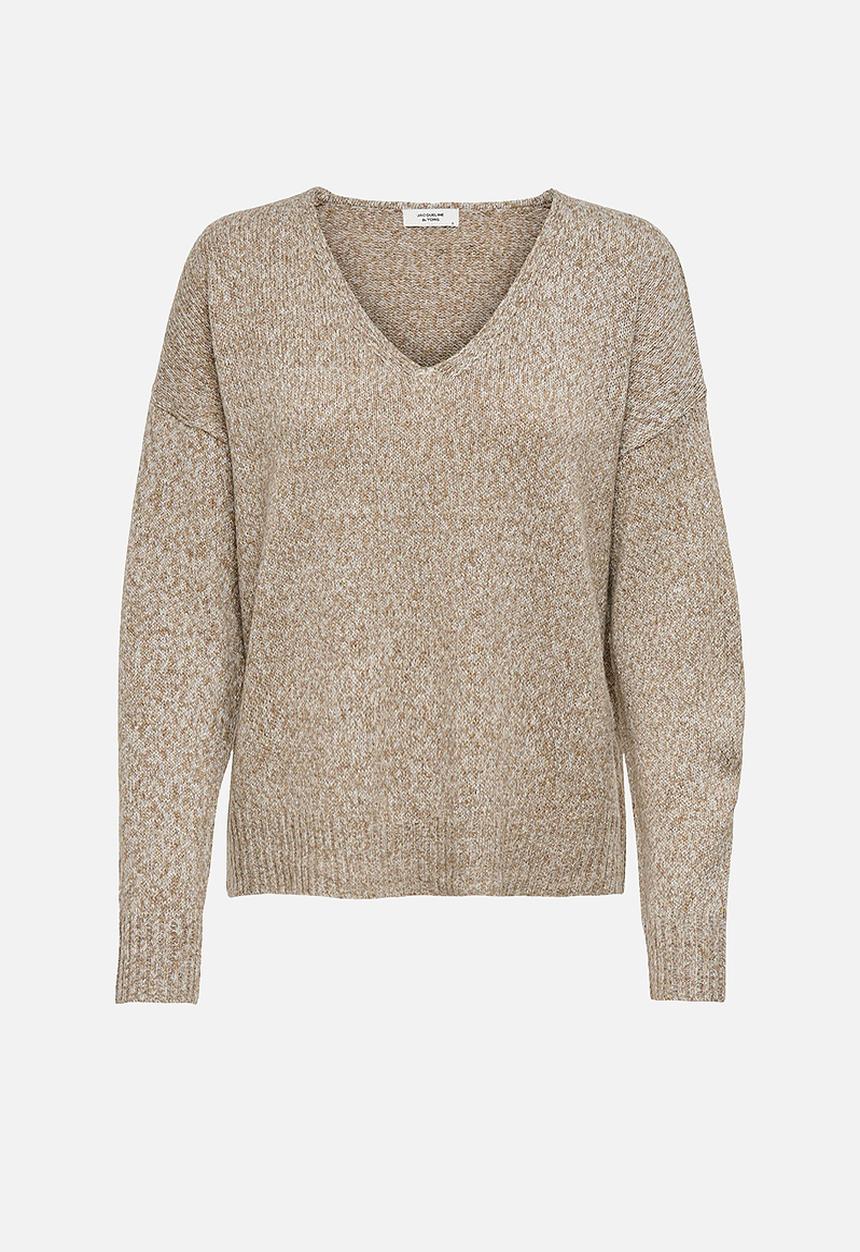Jacqueline de Yong - Gitta life long sleeve v-neck pullover knit - lead gray melange