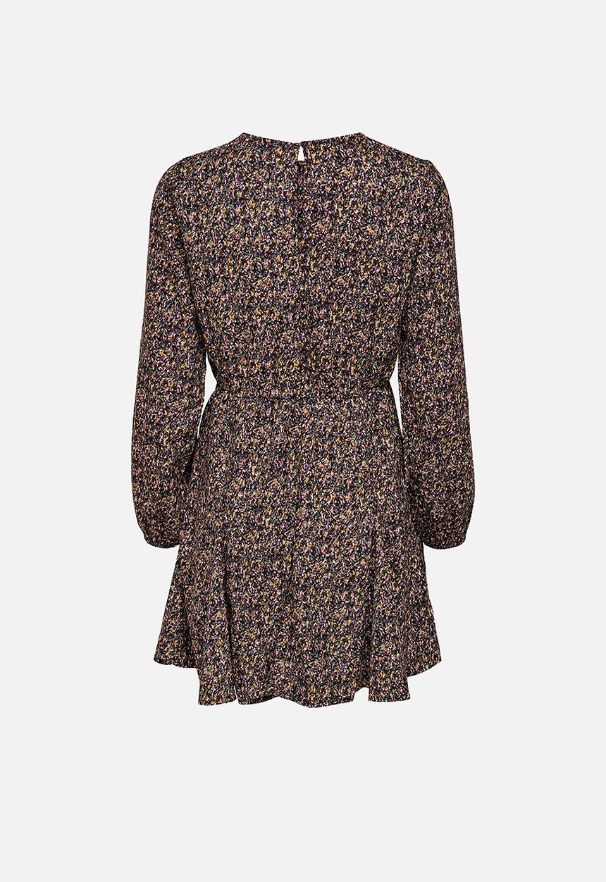 Jacqueline de Yong - Mia long sleeve short dress - bitter chocolate small flowers