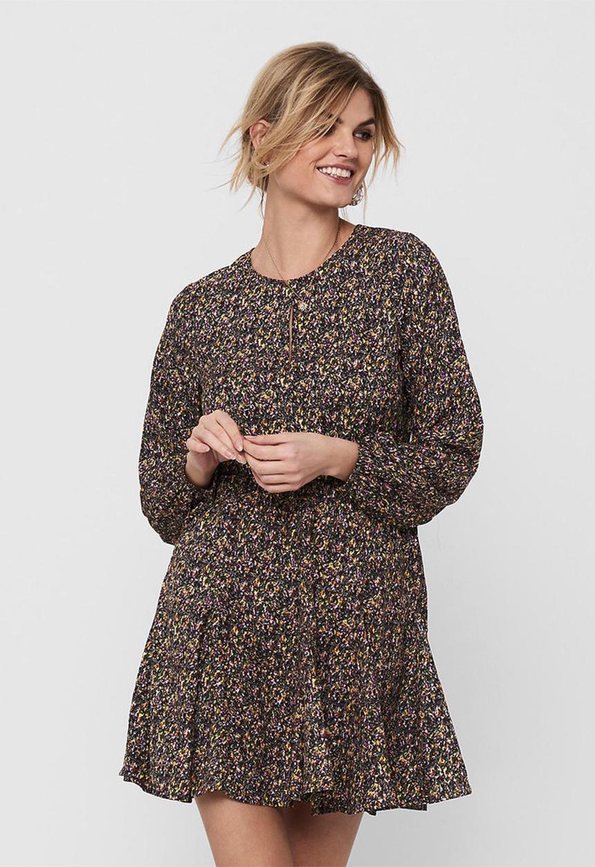 Jacqueline de Yong - Mia long sleeve short dress - bitter chocolate small flowers