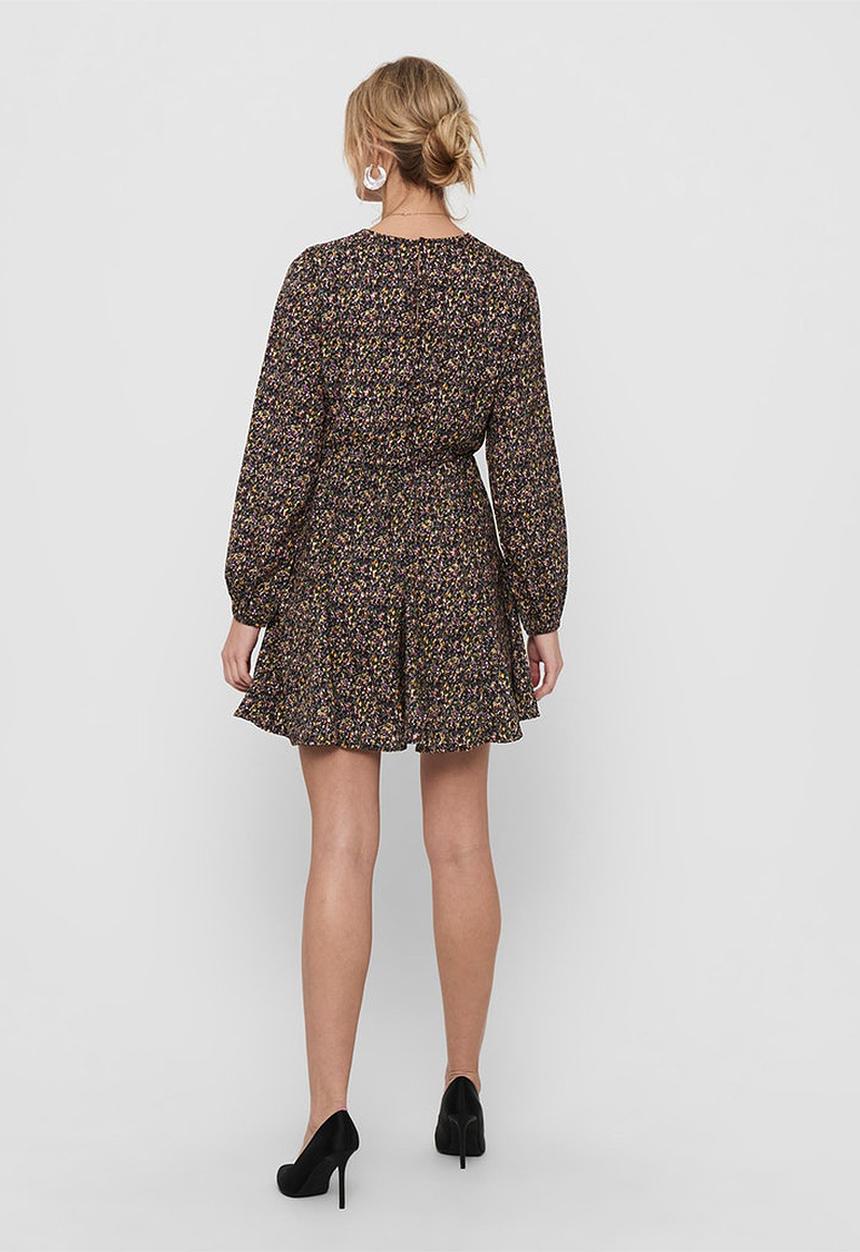 Jacqueline de Yong - Mia long sleeve short dress - bitter chocolate small flowers