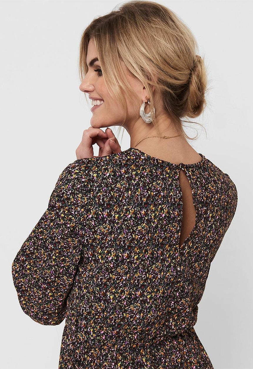 Jacqueline de Yong - Mia long sleeve short dress - bitter chocolate small flowers