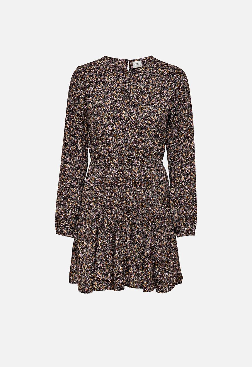 Jacqueline de Yong - Mia long sleeve short dress - bitter chocolate small flowers