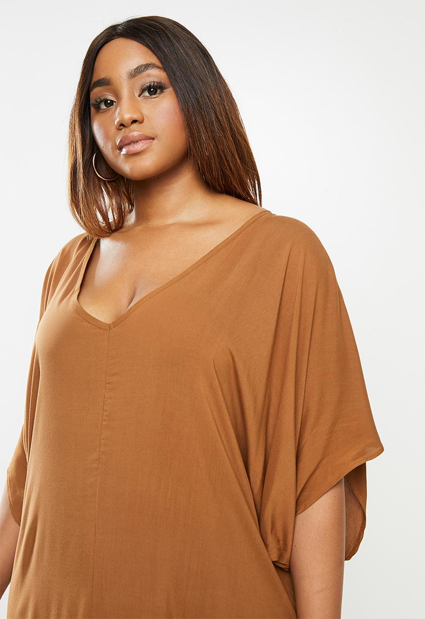 edit Plus - Grown on sleeve v-neck maxi - brown