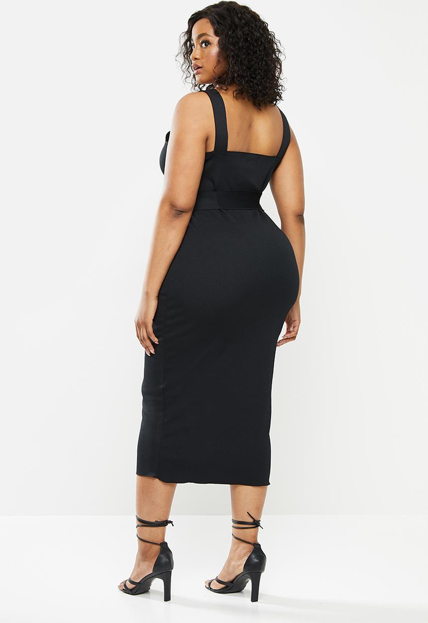 Missguided - Plus size belted rib midi dress - black