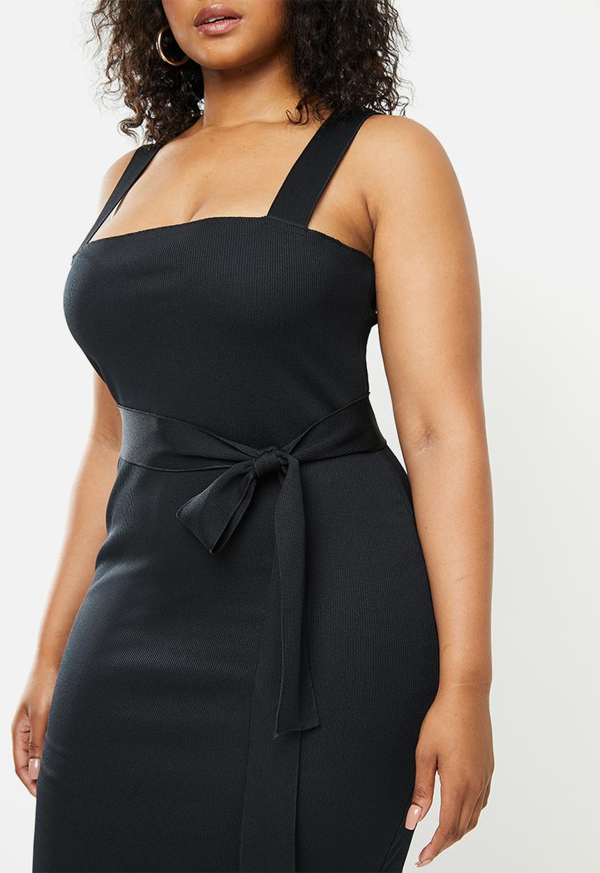 Missguided - Plus size belted rib midi dress - black