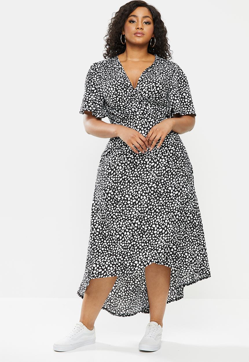 Missguided - Plus high low midi dress short sleeve dalmatian - black & white