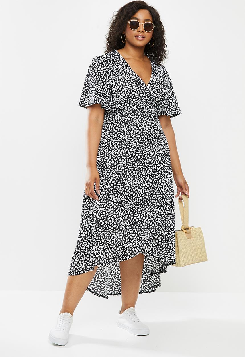 Missguided - Plus high low midi dress short sleeve dalmatian - black & white