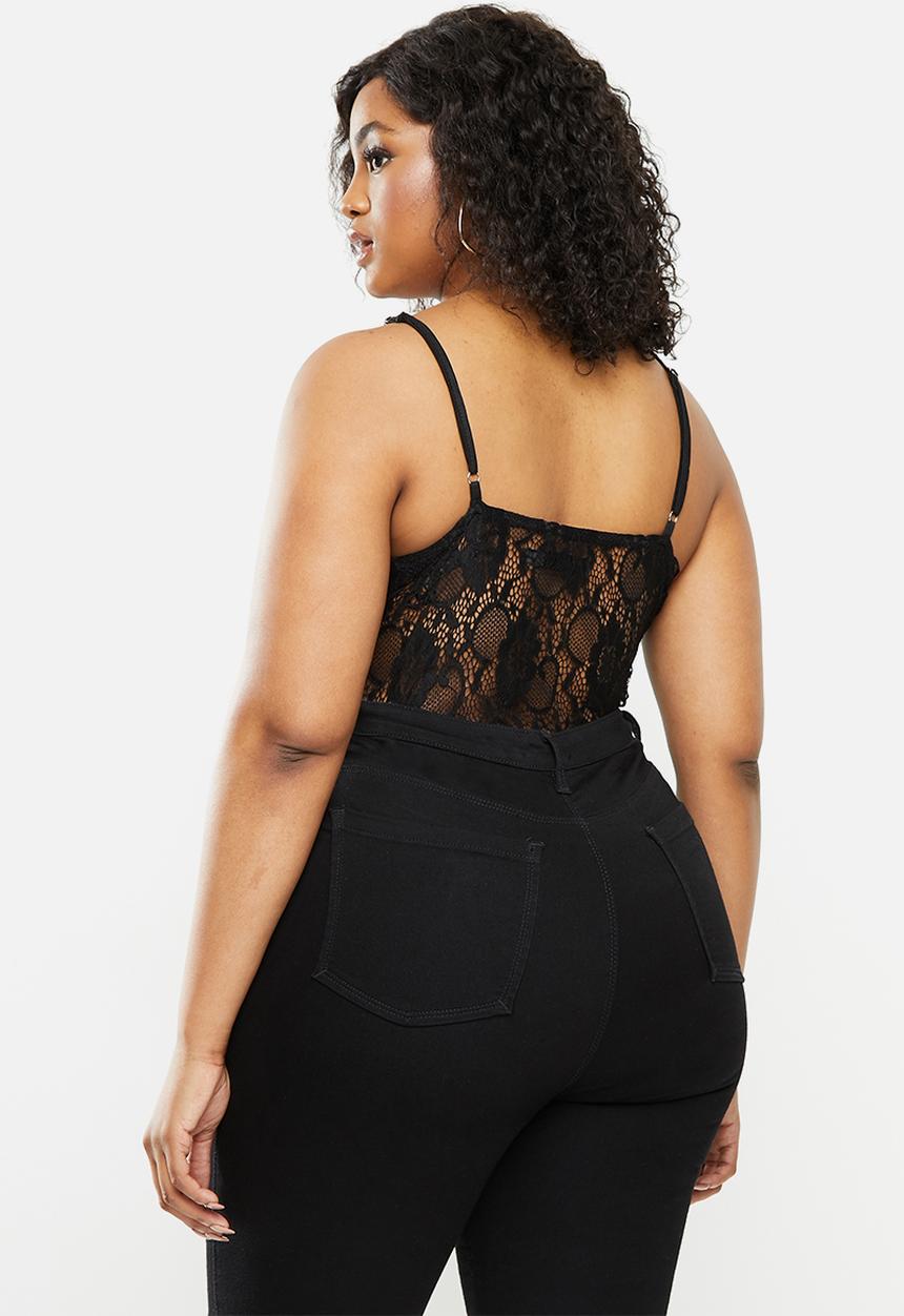 Missguided - Plus size lace pipe detail bodysuit - black