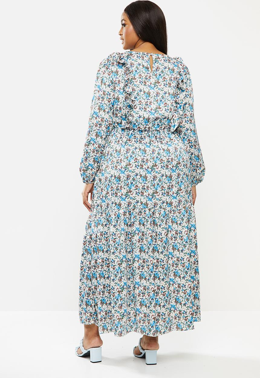 Glamorous - Plus floral tiered dress- blue