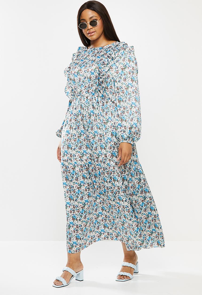 Glamorous - Plus floral tiered dress- blue