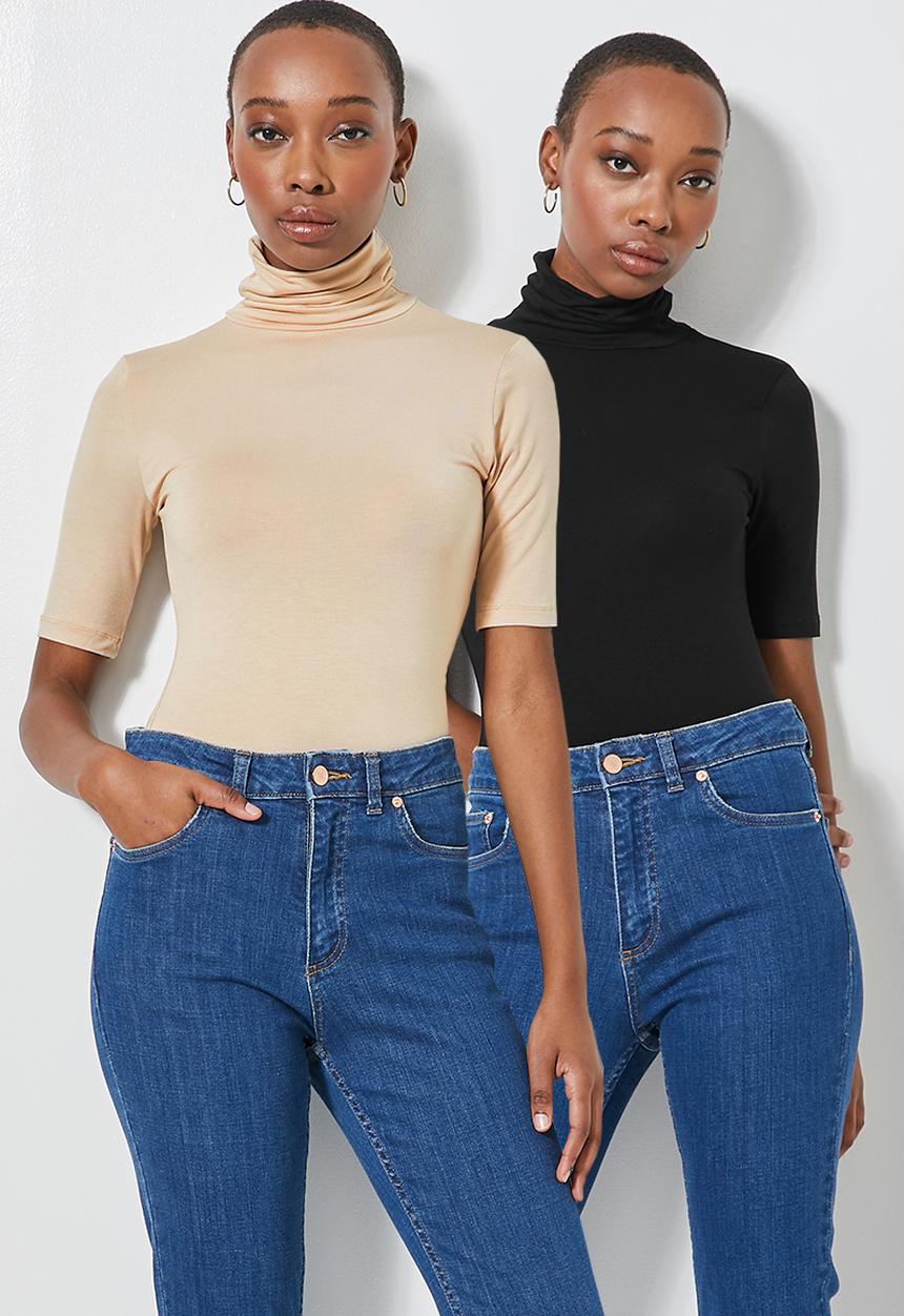 Superbalist - 2Pack poloneck short sleeve tops - black & beige