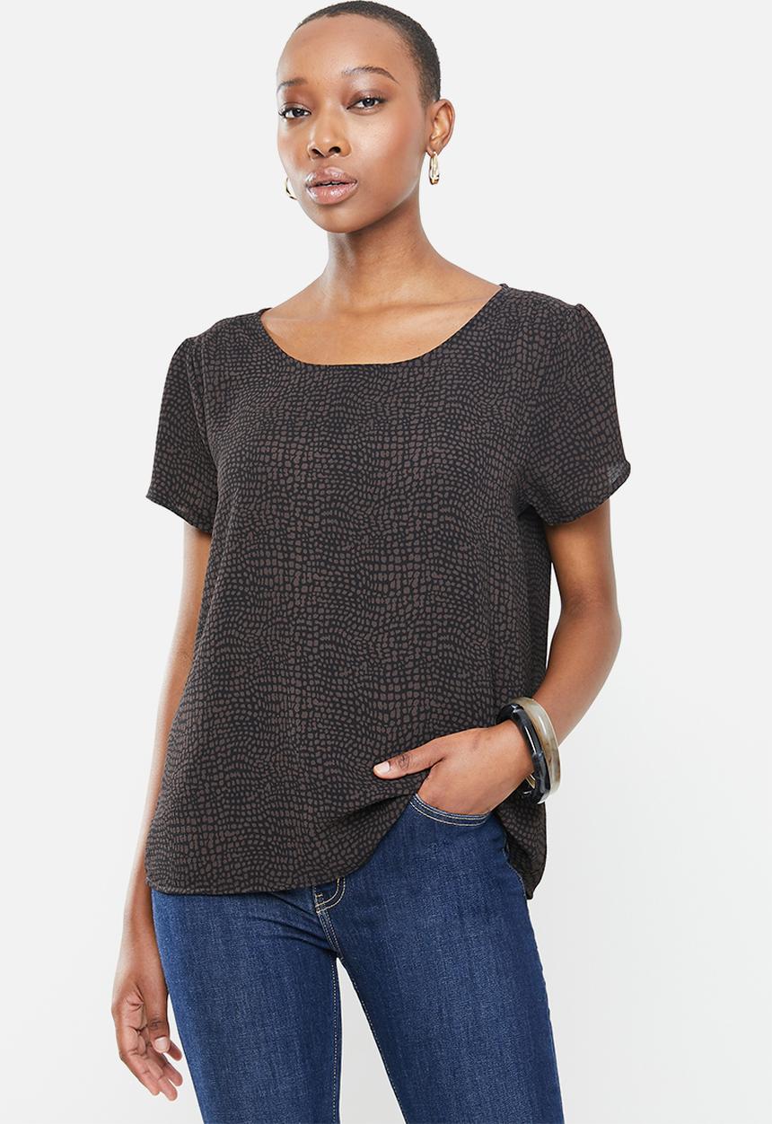 Jacqueline de Yong - Elsa short sleeve puff blouse - black & brown 