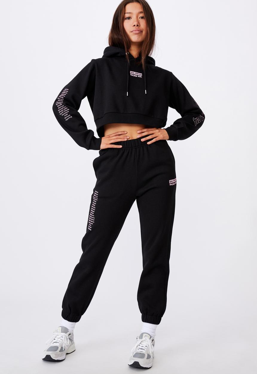 Factorie - Classic crop graphic hoodie - black