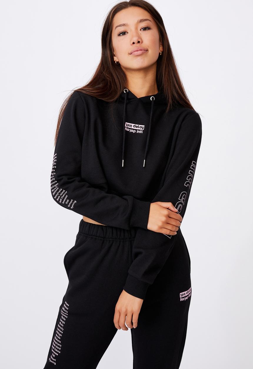 Factorie - Classic crop graphic hoodie - black