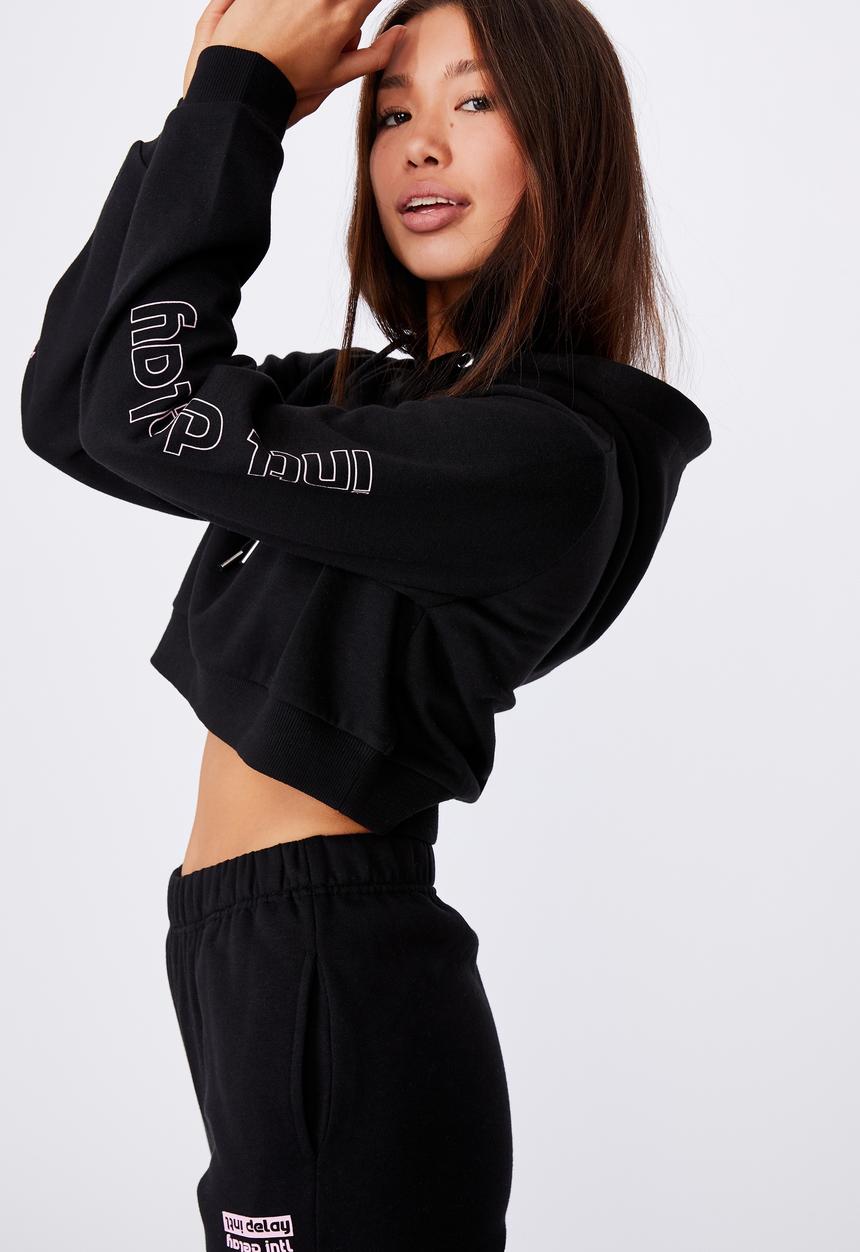 Factorie - Classic crop graphic hoodie - black