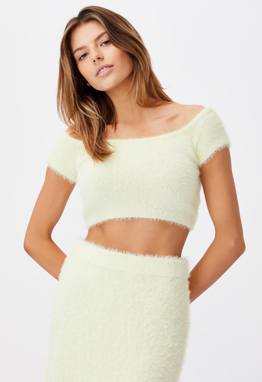Factorie - Fluffy knit off the shoulder top - lime cream